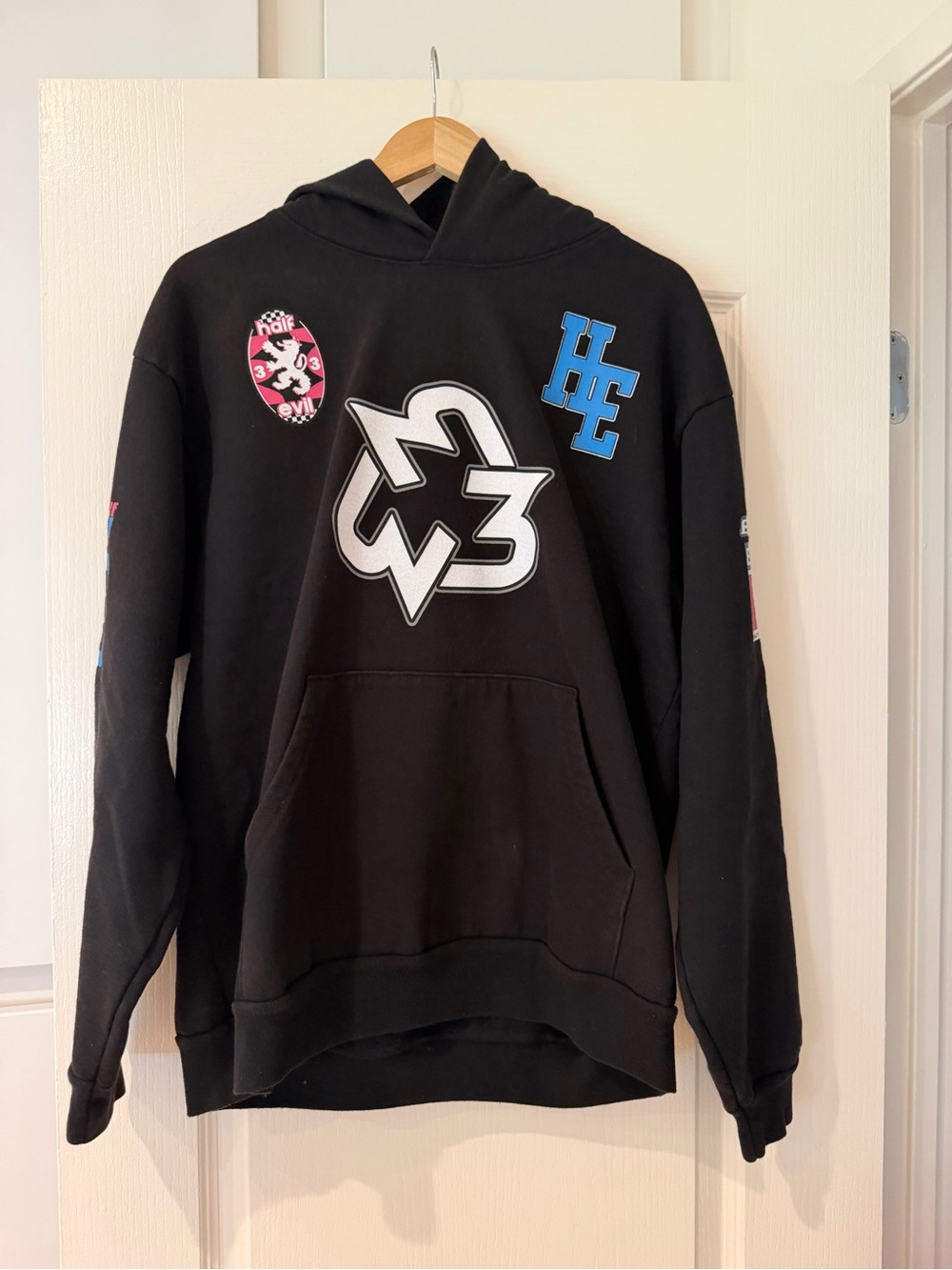 HALF EVIL brand Black Graphic Hoodie Sweatshirt with White and Blue Logos